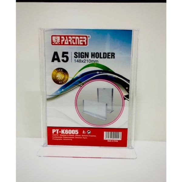 SIGN HOLDER ACRYLIC VERTICAL A5 T SHAPE OVAL BASE 148 X 210 MM