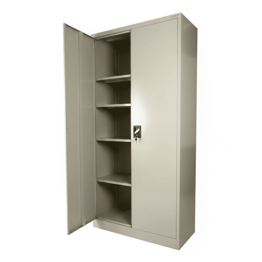 Full Height Steel Storage Cupboard – 4 Adjustable Shelves – Lockable Swing Door Metal Cabinet for Office, Home, or Industrial Use – Beige Finish